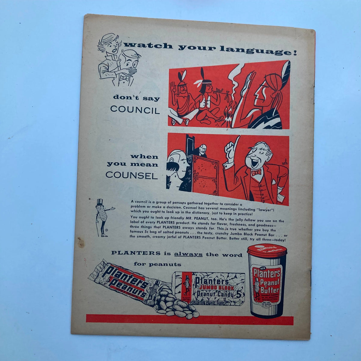 VTG Junior Scholastic Magazine November 10 1954 Mechanical Hands - Back cover advertisement promoting language usage with Planters Peanuts.