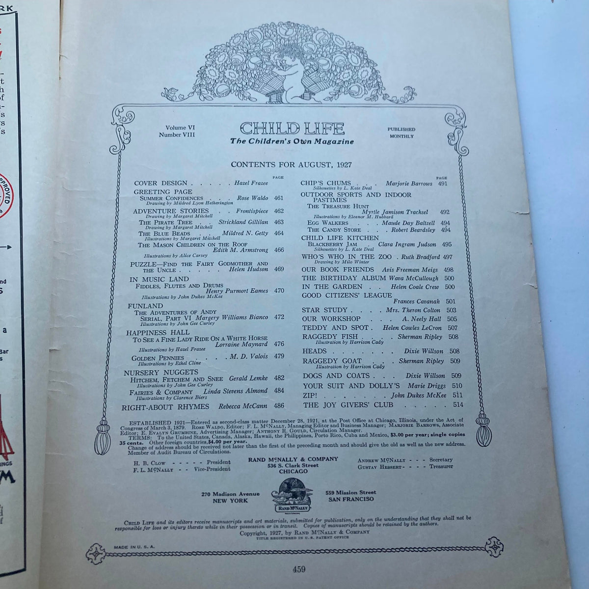 Contents page of VTG Child Life Magazine August 1927, detailing articles and features including 'Nursery Nuggets' and other children's stories.
