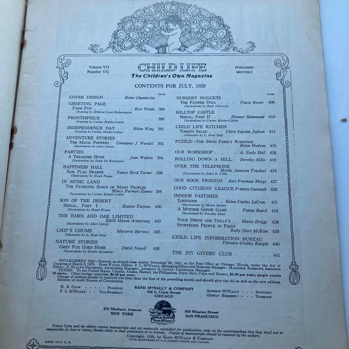 Contents page of VTG Child Life Magazine July 1928, Vol 7 No 7, featuring articles and highlights from the issue.