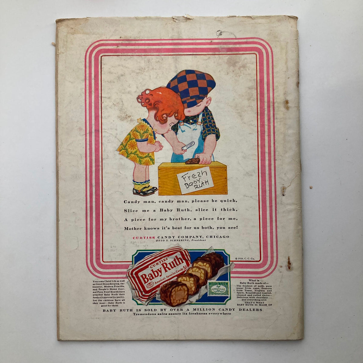 Back cover of VTG Child Life Magazine July 1928, Vol 7 No 7, showcasing an advertisement for Baby Ruth candy with playful illustrations.