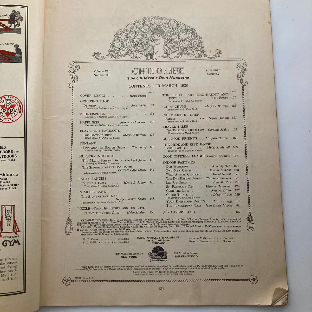 Contents page of VTG Child Life Magazine March 1928, listing engaging articles and illustrations relevant to children’s literature.