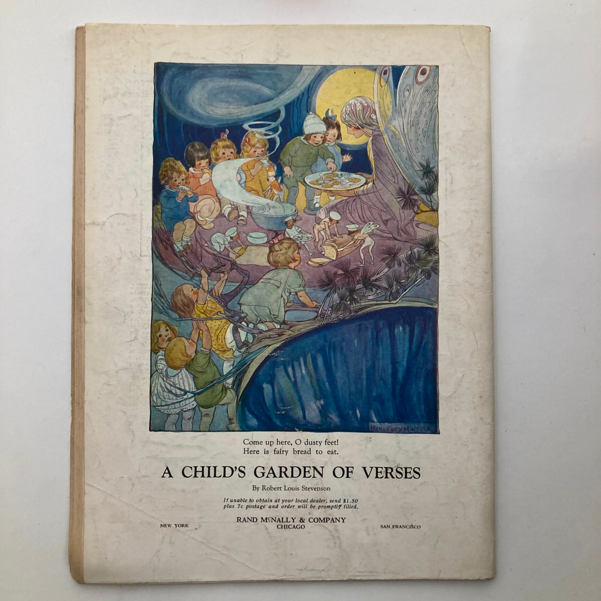 Back cover of the VTG Child Life Magazine June 1928, illustrating the poem 'A Child's Garden of Verses' with colorful artwork.