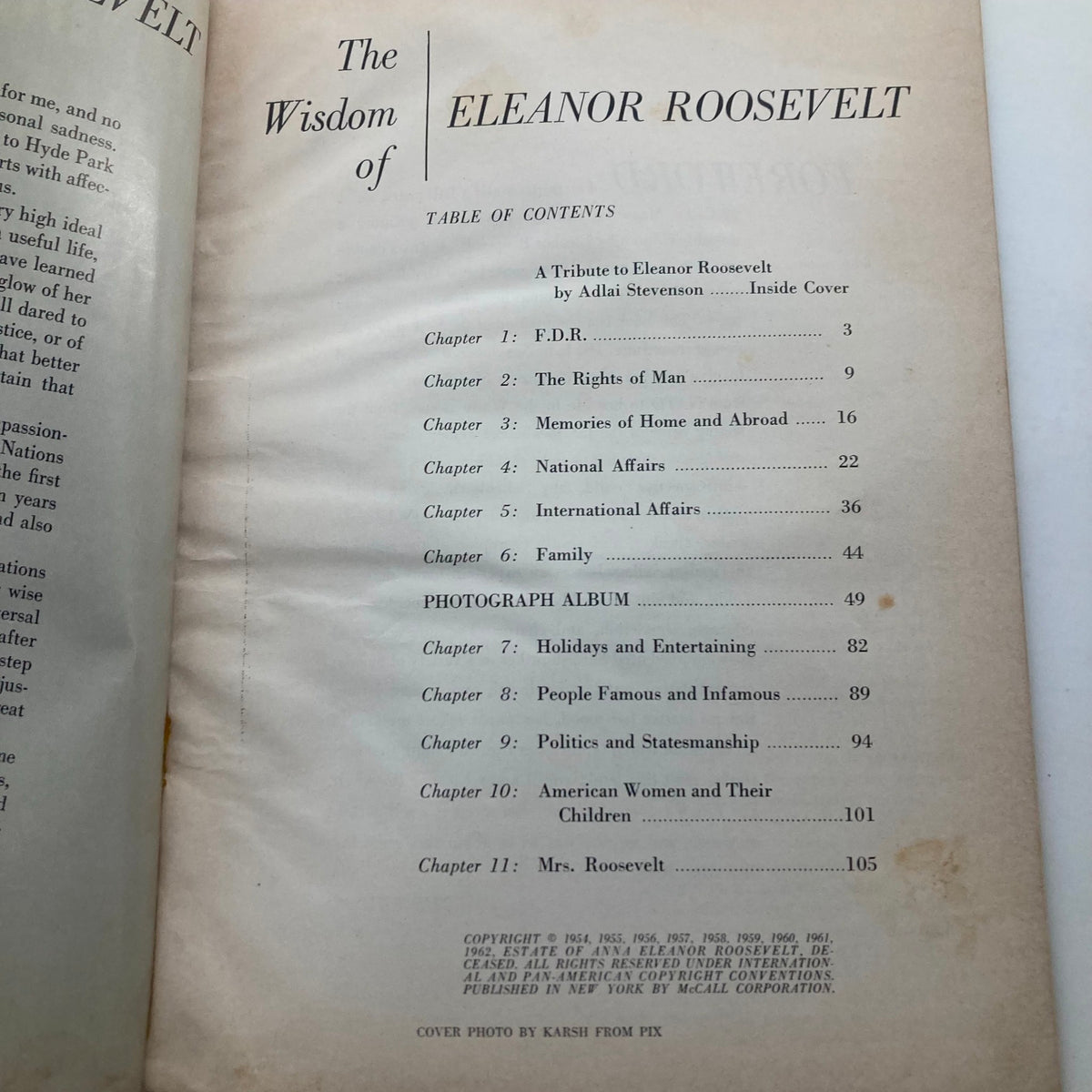 Table of contents page from '1962 The Wisdom of Eleanor Roosevelt' magazine, listing chapters on topics such as F.D.R., human rights, and family, from McCall's tribute.