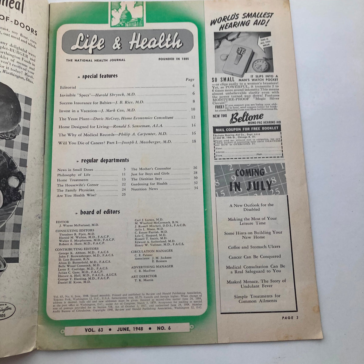 Interior page of VTG Life & Health Journal Magazine June 1948, showcasing the table of contents and feature articles on health and wellness.