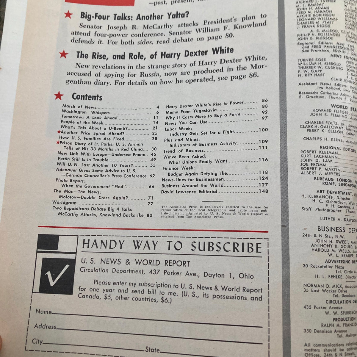 Contents page of US News & World Report Magazine June 24, 1955 displaying articles including 'Prison Diary of Lt. Parks' and various features from the era.
