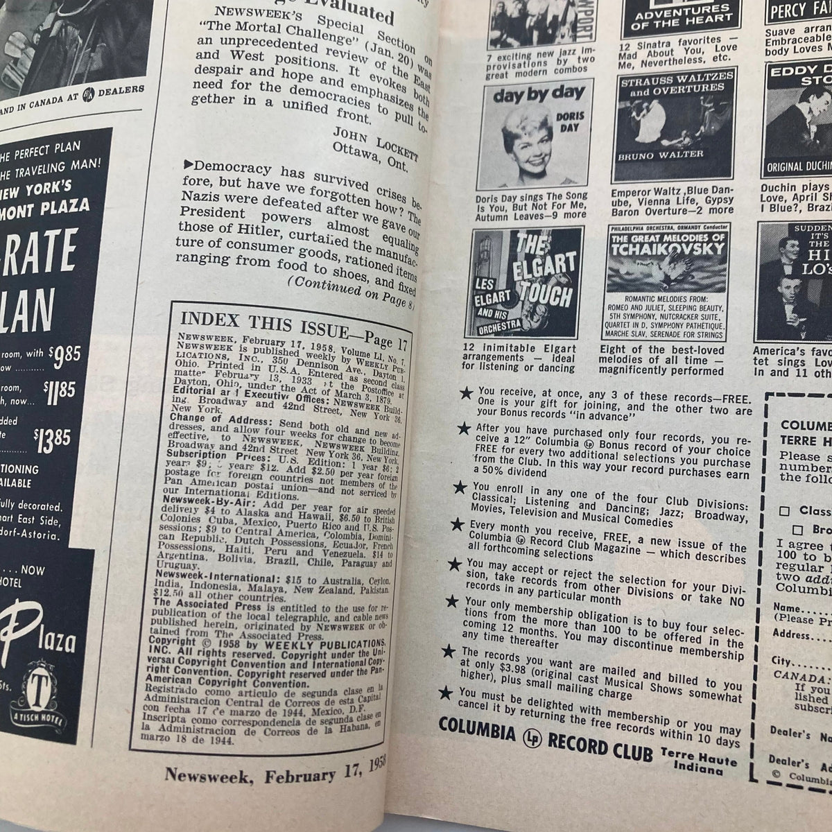 Inside page of VTG Newsweek Magazine February 17 1958 displaying the issue index and advertisements reflective of the cultural context of the 1950s.