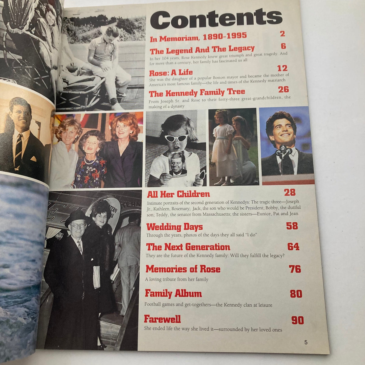 Interior page of VTG Ladies' Home Journal Special 1995 The Kennedy Family Album displaying the contents page, including sections about the Kennedy family and memories.