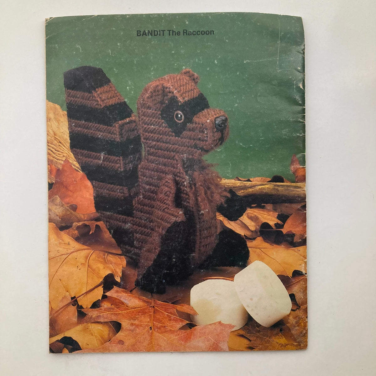 Cover of 'BANDIT The Raccoon' needlework pattern book, showcasing a plush raccoon figure crafted from plastic canvas, surrounded by autumn leaves.