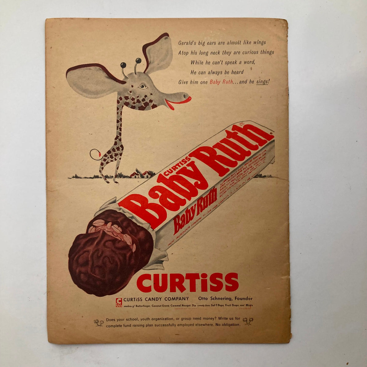 Back cover of VTG Junior Scholastic Magazine March 23, 1955 featuring a playful illustration for Curtiss Baby Ruth candy bar.