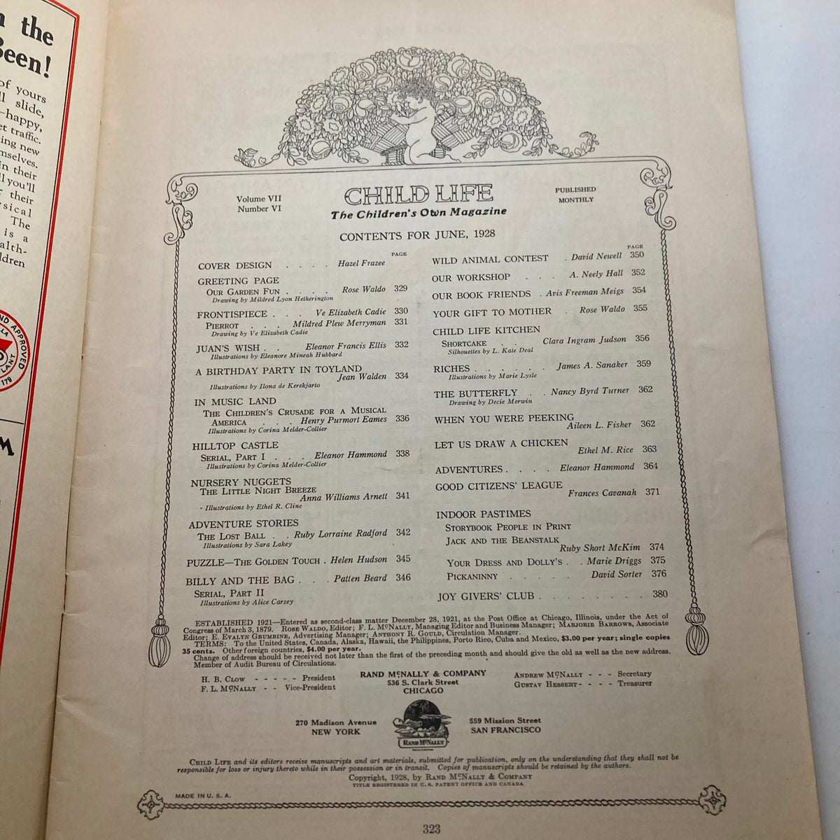Contents page of VTG Child Life Magazine June 1928 Vol 7 No. 6, listing featured articles and stories including 'Billy and The Bag'.