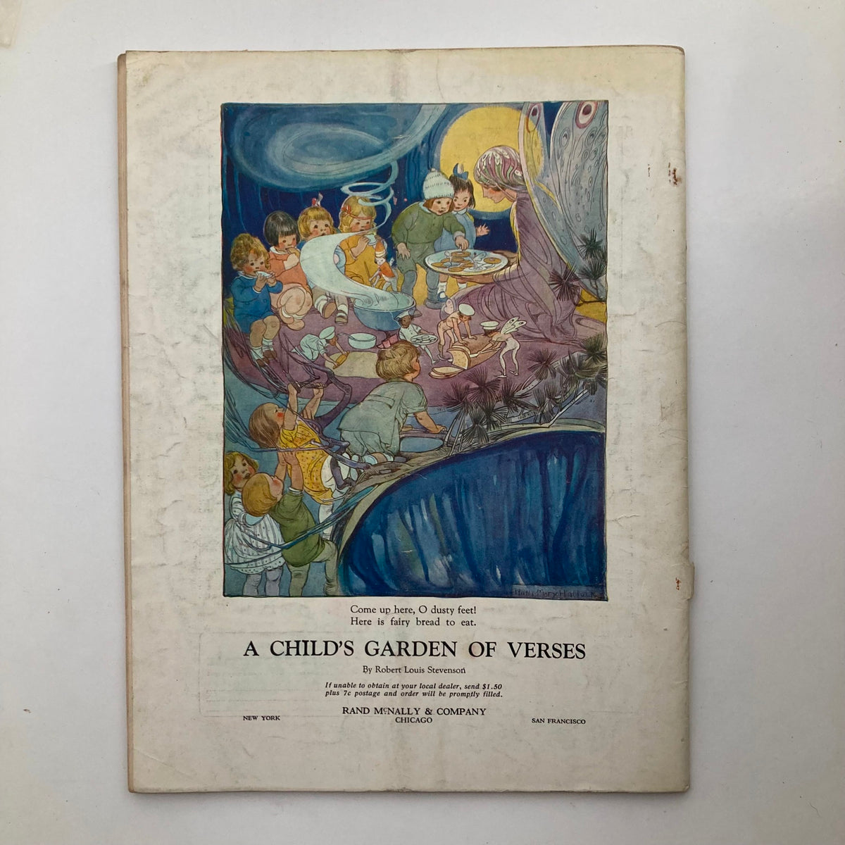 Back cover of VTG Child Life Magazine June 1928 Vol 7 No. 6, featuring a colorful illustration from 'A Child's Garden of Verses'.