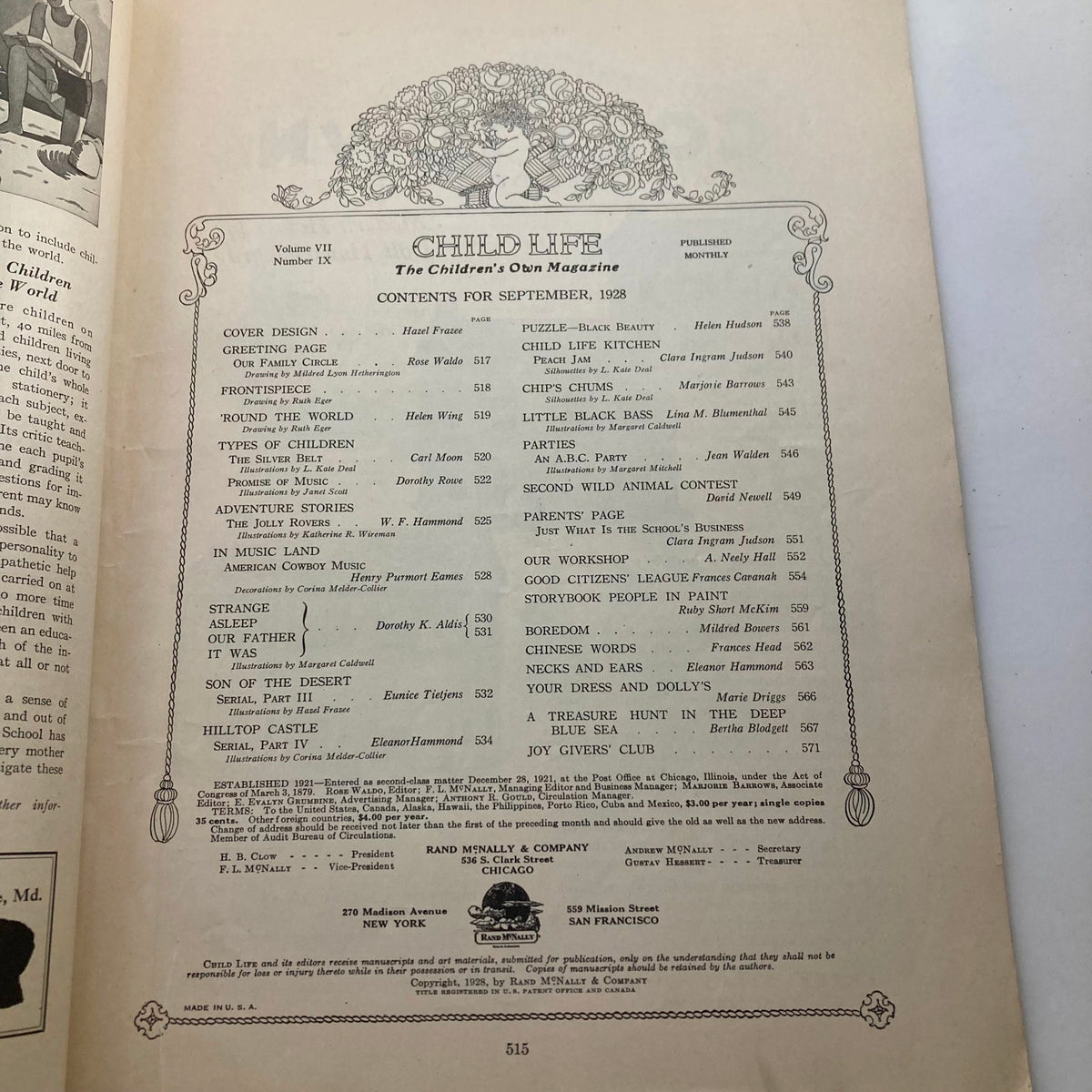 Contents page of VTG Child Life Magazine September 1928 Volume 7 Number 9 outlining articles and stories for young readers, showcasing a nostalgic publication.