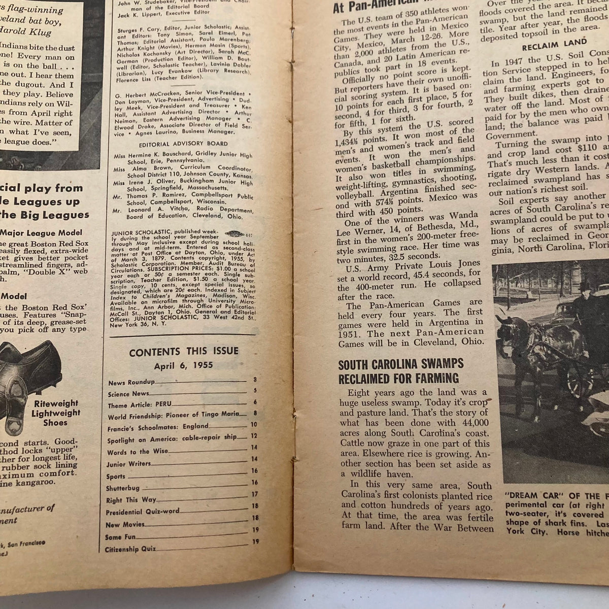 Interior page of VTG Junior Scholastic Magazine from April 6, 1955, displaying the contents and editorial team, along with a theme article on Peru.