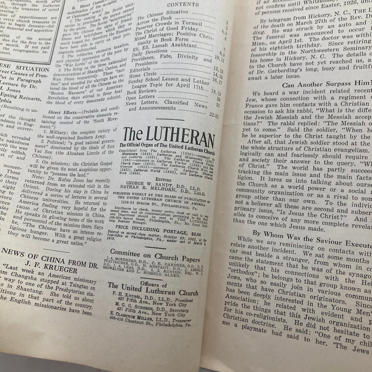 Contents page of VTG The Lutheran Magazine, April 7, 1927, including details such as publication information and articles related to the Lutheran community.