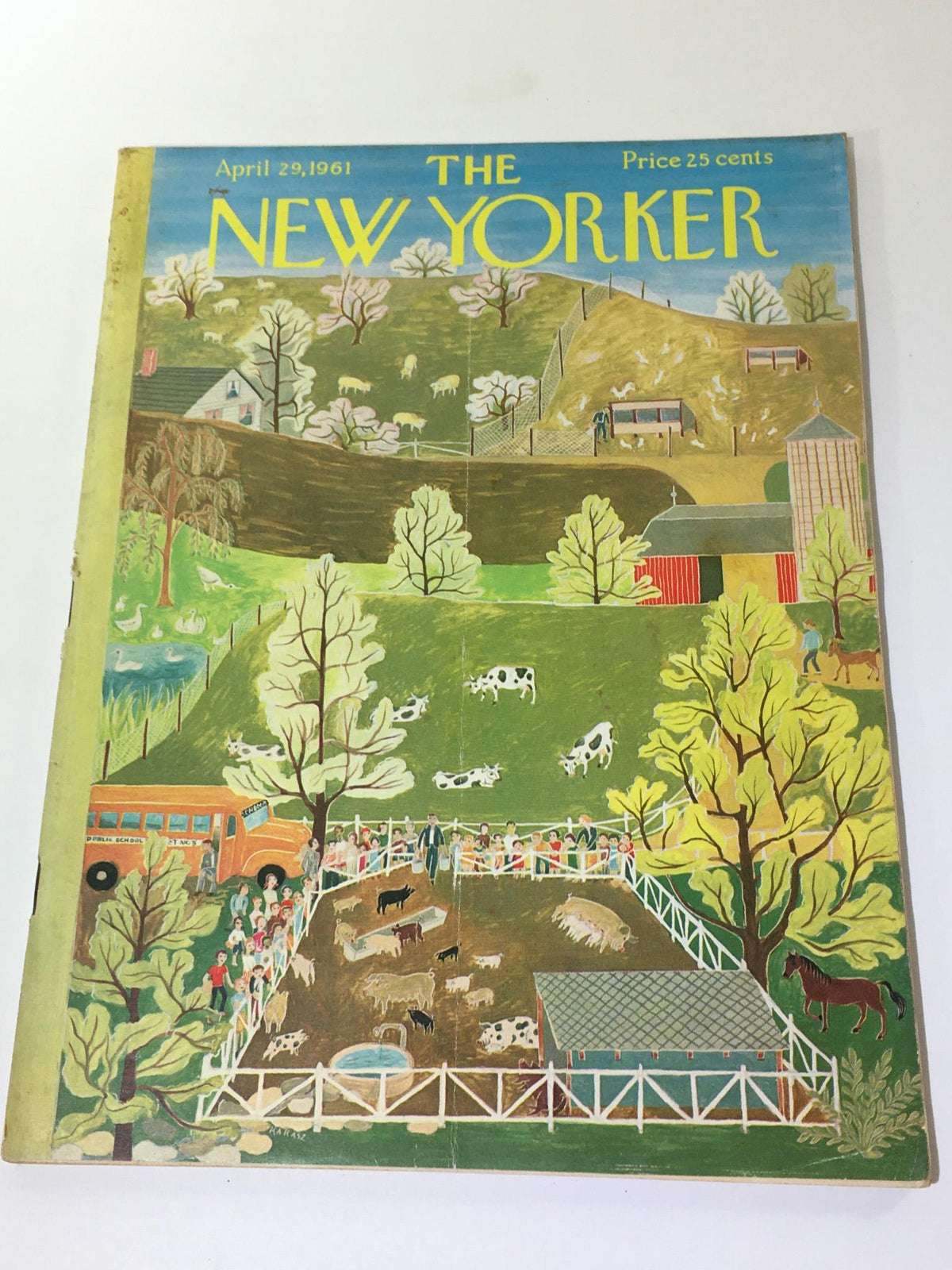 Cover of The New Yorker magazine from April 29, 1961, featuring artwork by Ilonka Karasz, depicting a colorful pastoral scene with cows, trees, and a farm setting.