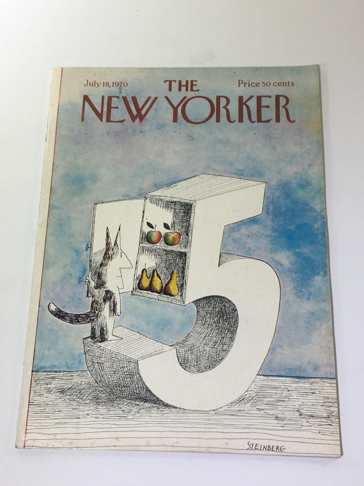 Cover of The New Yorker: July 18, 1970 featuring unique artwork by Saul Steinberg, showcasing a stylized number 5 with a cat and fruits, ideal for vintage magazine collectors.