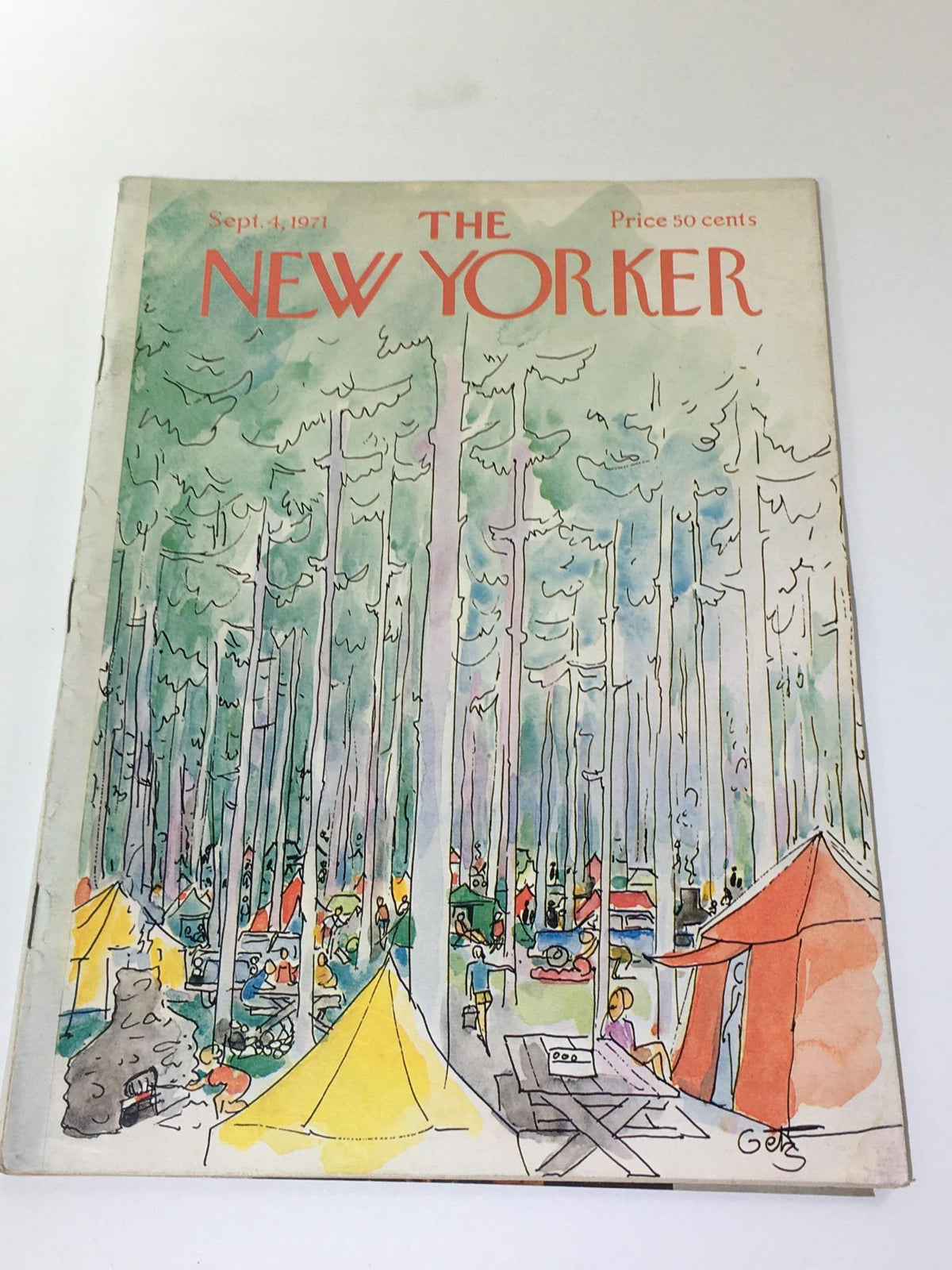 Cover of The New Yorker magazine dated September 4, 1971, featuring a watercolor illustration of a campsite with tents and people, by artist Arthur Getz.