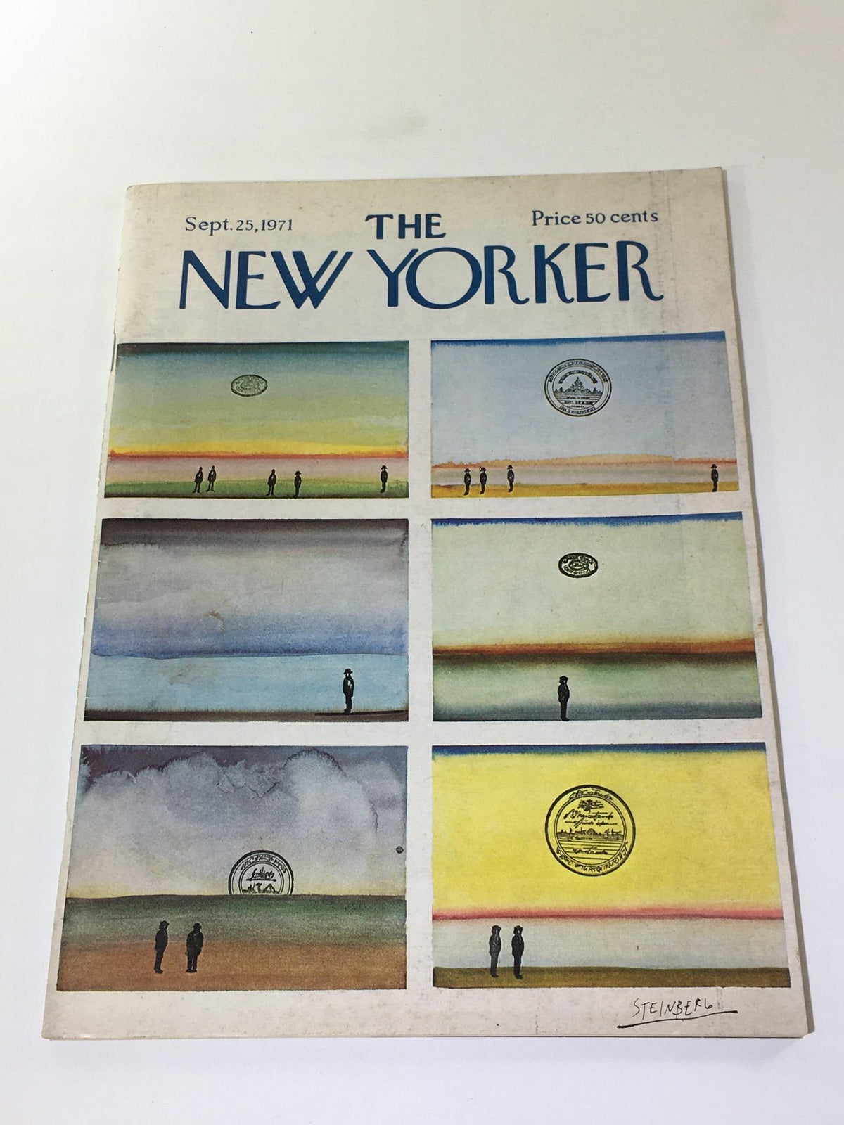The New Yorker: September 25 1971 - Full magazine cover featuring artwork by Saul Steinberg, showcasing whimsical illustrations of figures against colorful landscapes.