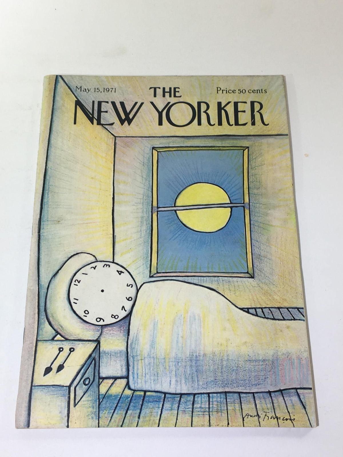 Cover of The New Yorker: May 15 1971 featuring an illustration by Andre Francois, depicting a bedroom scene with a clock and a window showing a large sun.