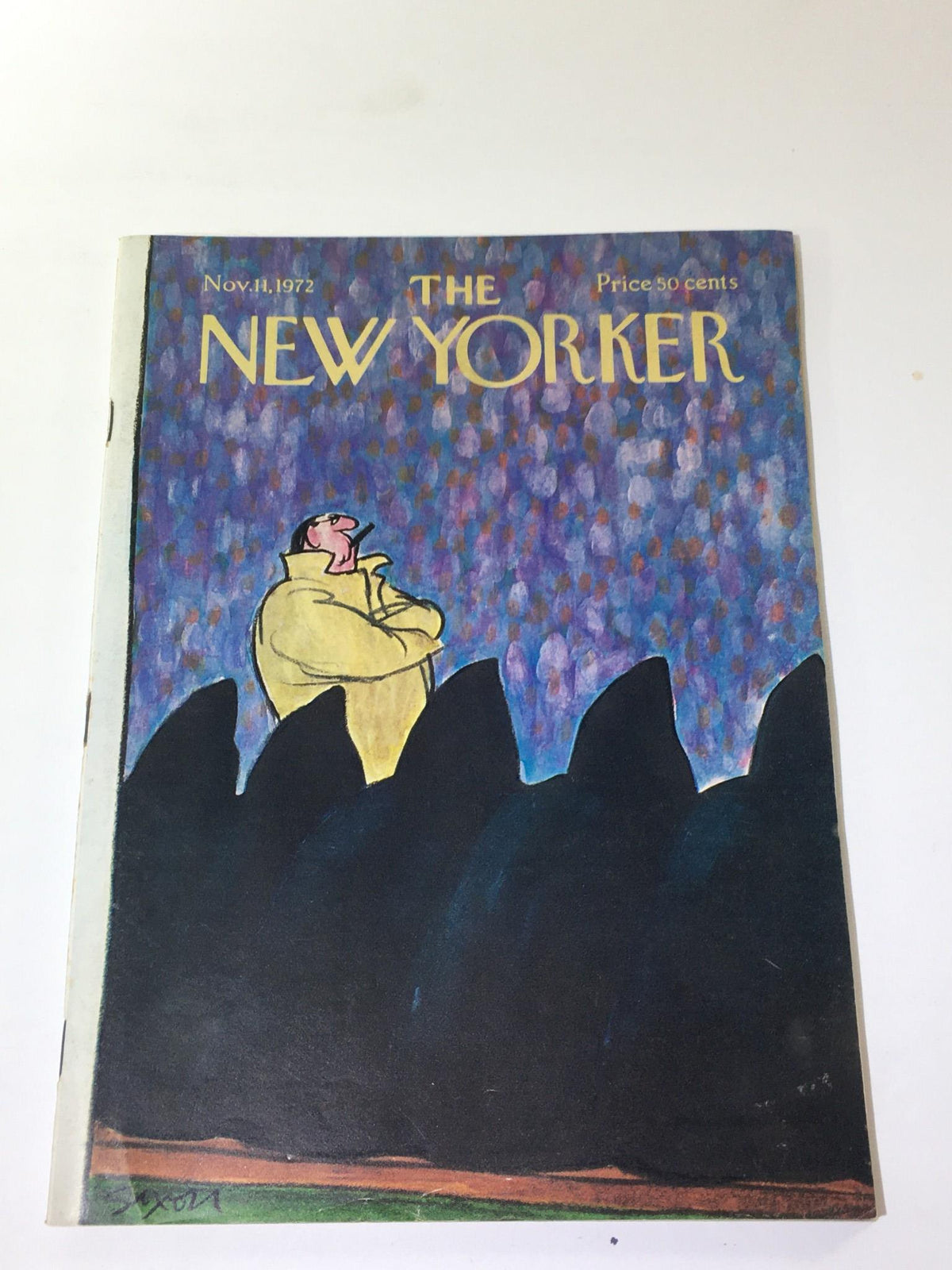 Cover of The New Yorker: November 11 1972 featuring a vibrant illustration by Charles Saxon, depicting a man in a yellow coat against a textured blue and purple background.