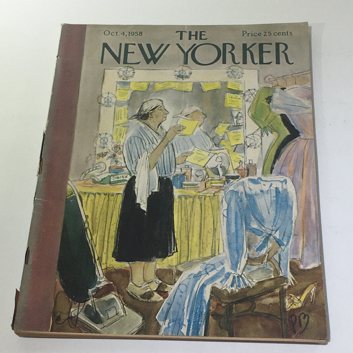Cover of The New Yorker: October 4, 1958 featuring a colorful illustration by Peter Barlow, depicting a woman amidst various papers and materials.