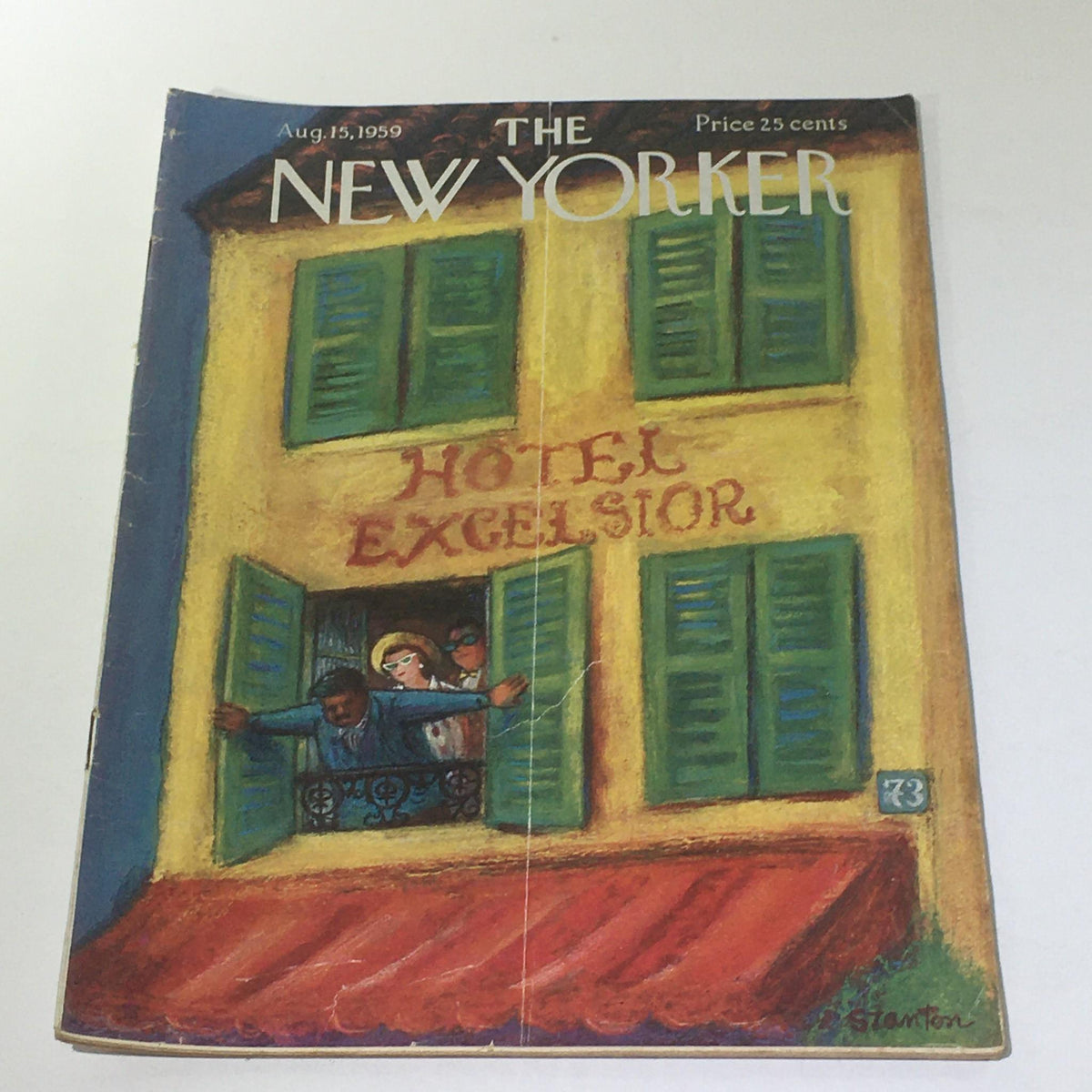 The New Yorker: August 15 1959 Full Magazine featuring Beatrice Szanton cover art, showcasing a colorful illustration with hotel windows and figures, highlighting vintage American culture.