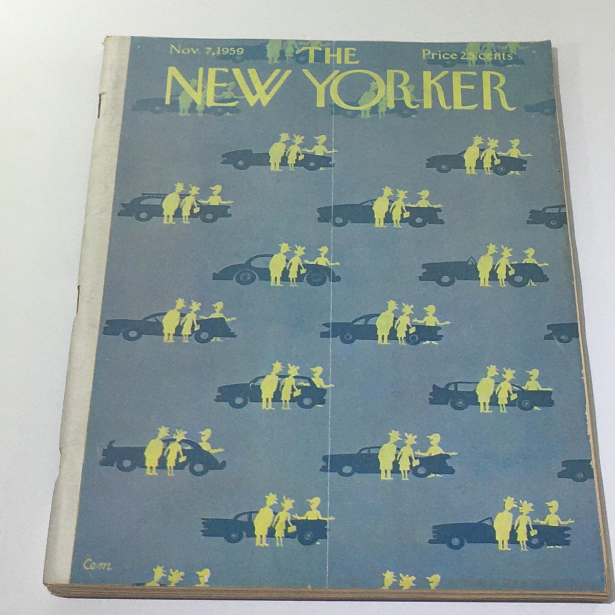 Cover of The New Yorker magazine dated November 7, 1959, featuring a whimsical theme design by Charles E. Martin, depicting silhouettes of people interacting around classic automobiles against a blue background.
