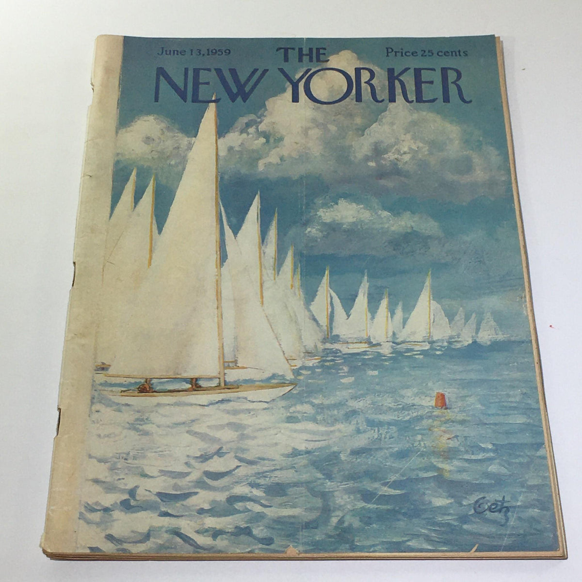 The New Yorker: June 13 1959 Full Magazine cover featuring a serene sailing scene with multiple sailboats on a blue water background, highlighting a classic theme cover by Arthur Getz.