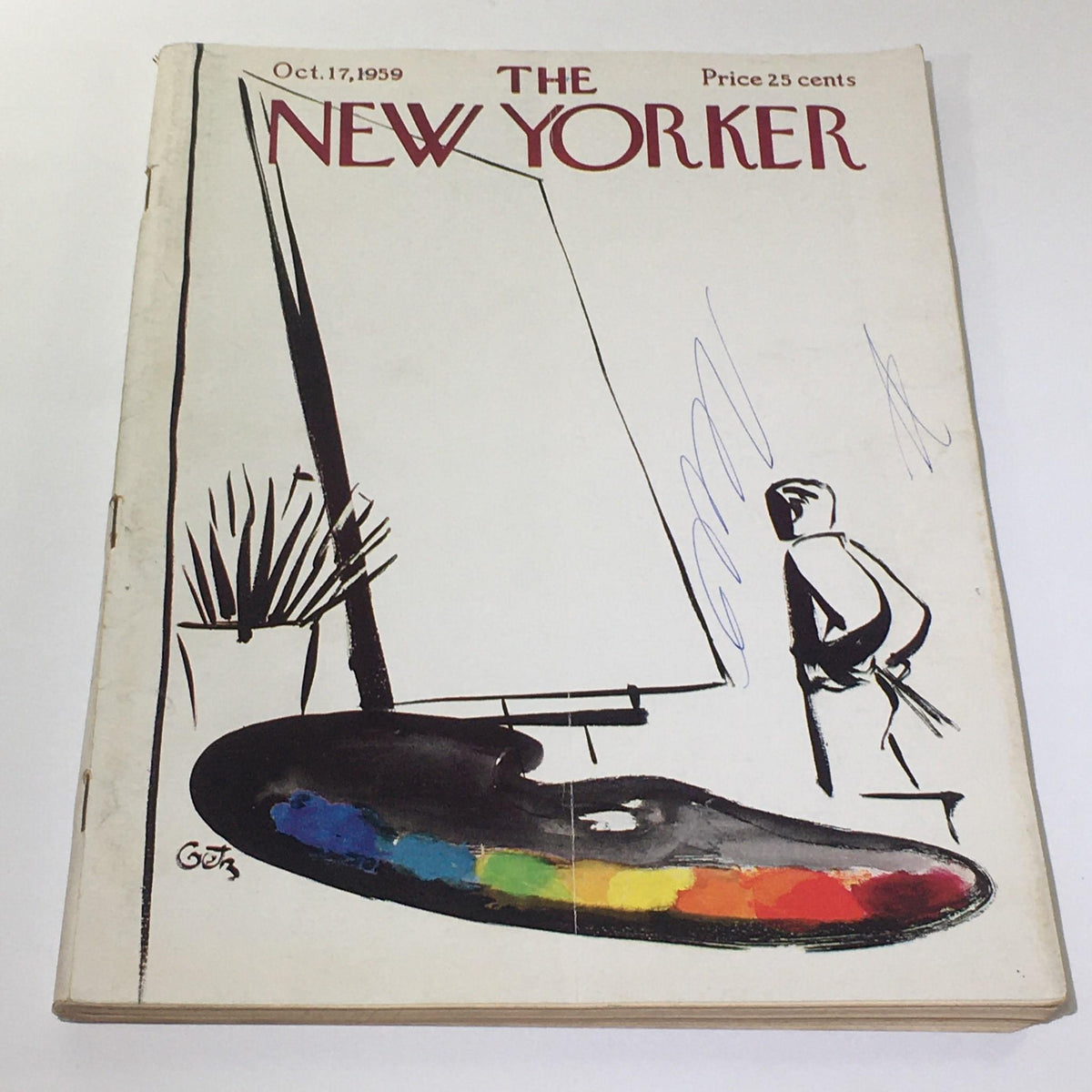 The New Yorker: October 17 1959 magazine cover featuring a minimalist design by Arthur Getz, showcasing an artist's palette with vibrant colors and a figure contemplating art.