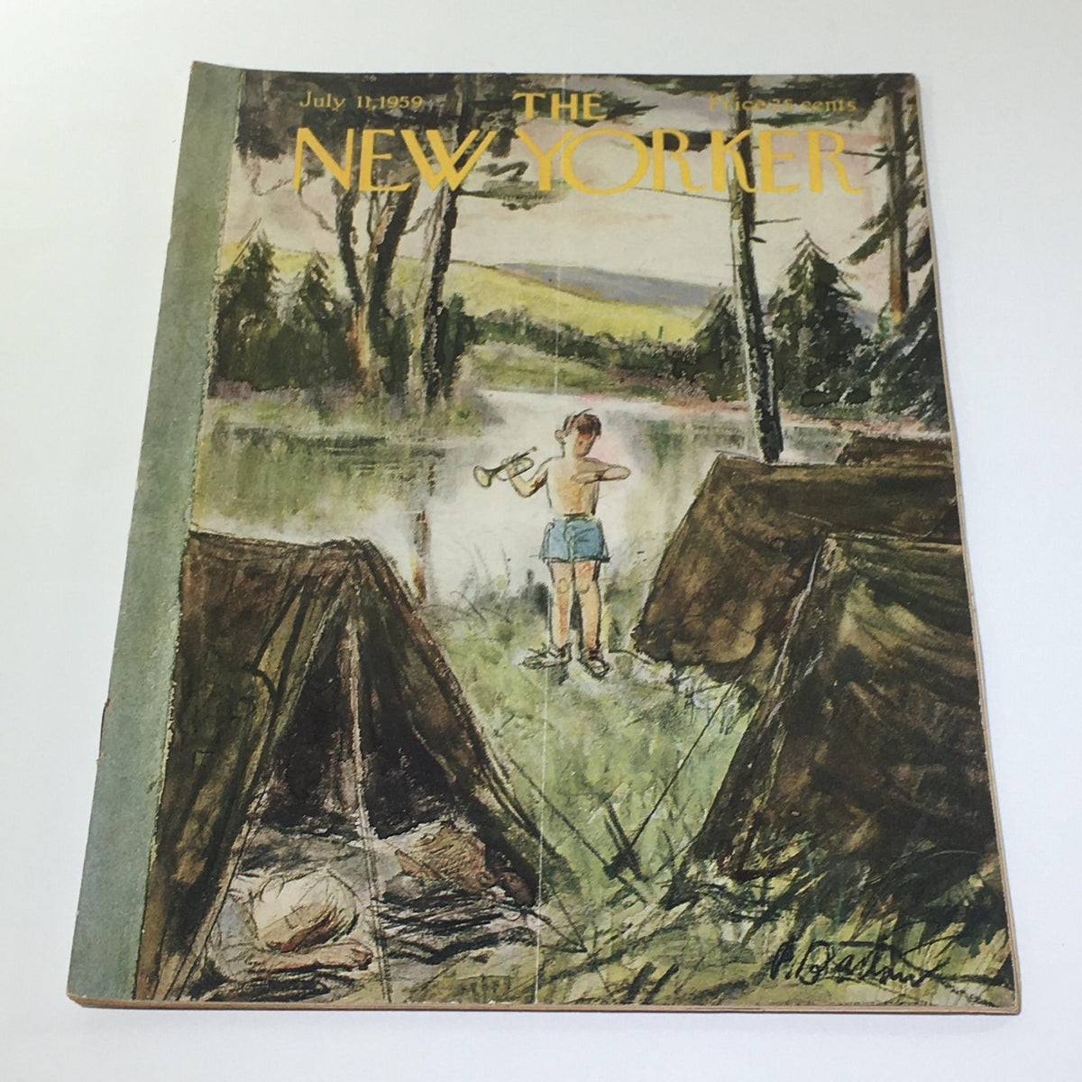 The New Yorker: July 11, 1959 Full Magazine Cover featuring a vintage illustration by Perry Barlow depicting a boy with a trumpet near camping tents in a serene outdoor setting.