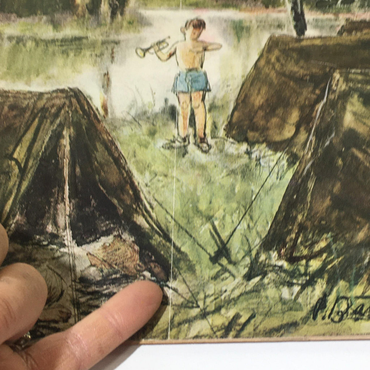 Close-up view of The New Yorker: July 11, 1959 magazine cover showcasing a boy playing a trumpet next to tents, part of the artwork by artist Perry Barlow.