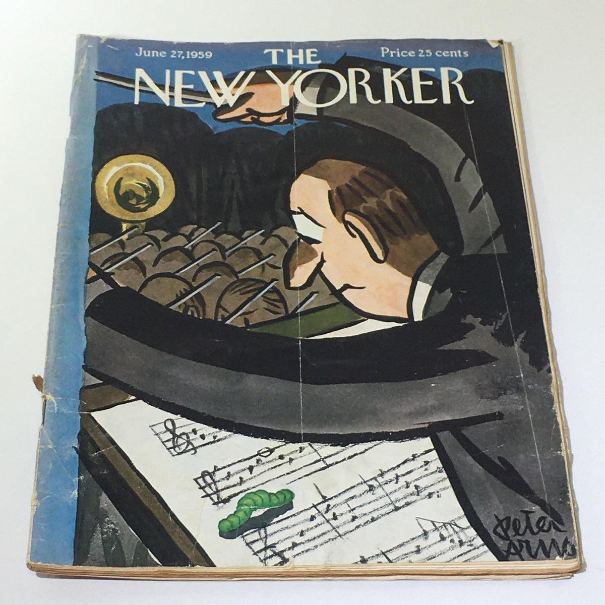 The New Yorker: June 27 1959 magazine cover featuring a whimsical illustration by Peter Arno, depicting a conductor and musical score, capturing mid-20th century American humor.