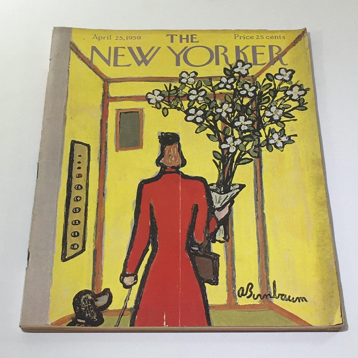 The New Yorker: April 25 1959 Full Magazine featuring a vibrant theme cover by Abe Birnbaum, showcasing a woman in a red coat holding a bouquet of flowers in an elevator setting.