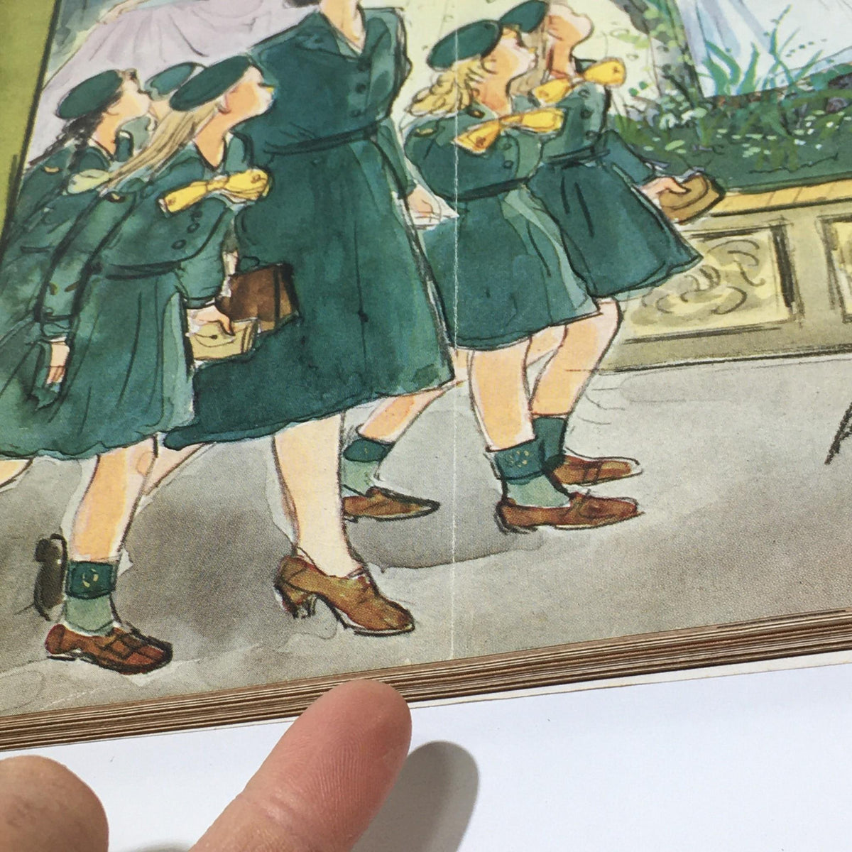 Illustration from The New Yorker: May 9 1959 Full Magazine, depicting young girls in green dresses and hats, walking together on a street, showcasing the artistic style of Perry Barlow.