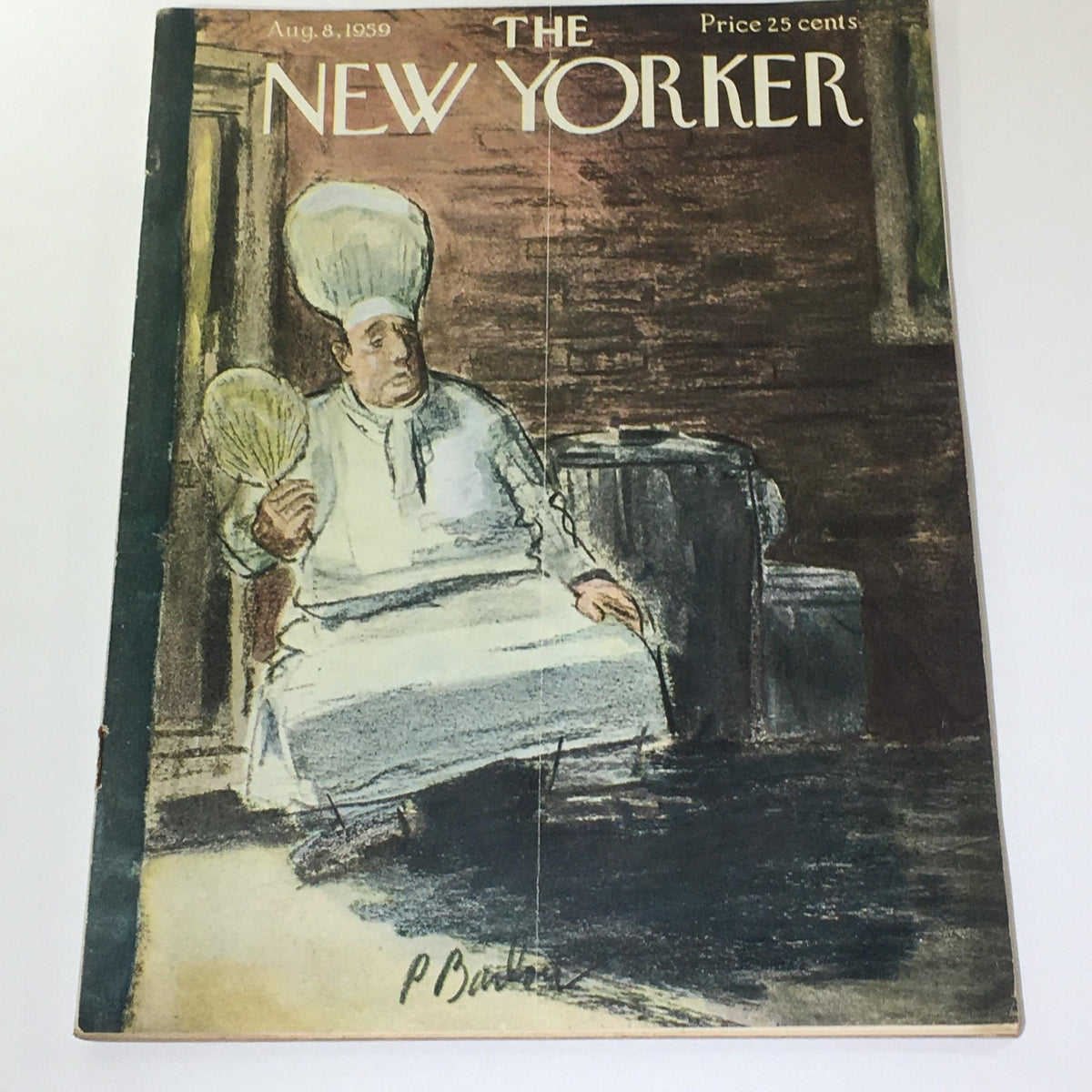 The New Yorker: August 8 1959 full magazine cover featuring a whimsical illustration of a chef, designed by Perry Barlow, highlighting mid-century art and vintage magazine culture.