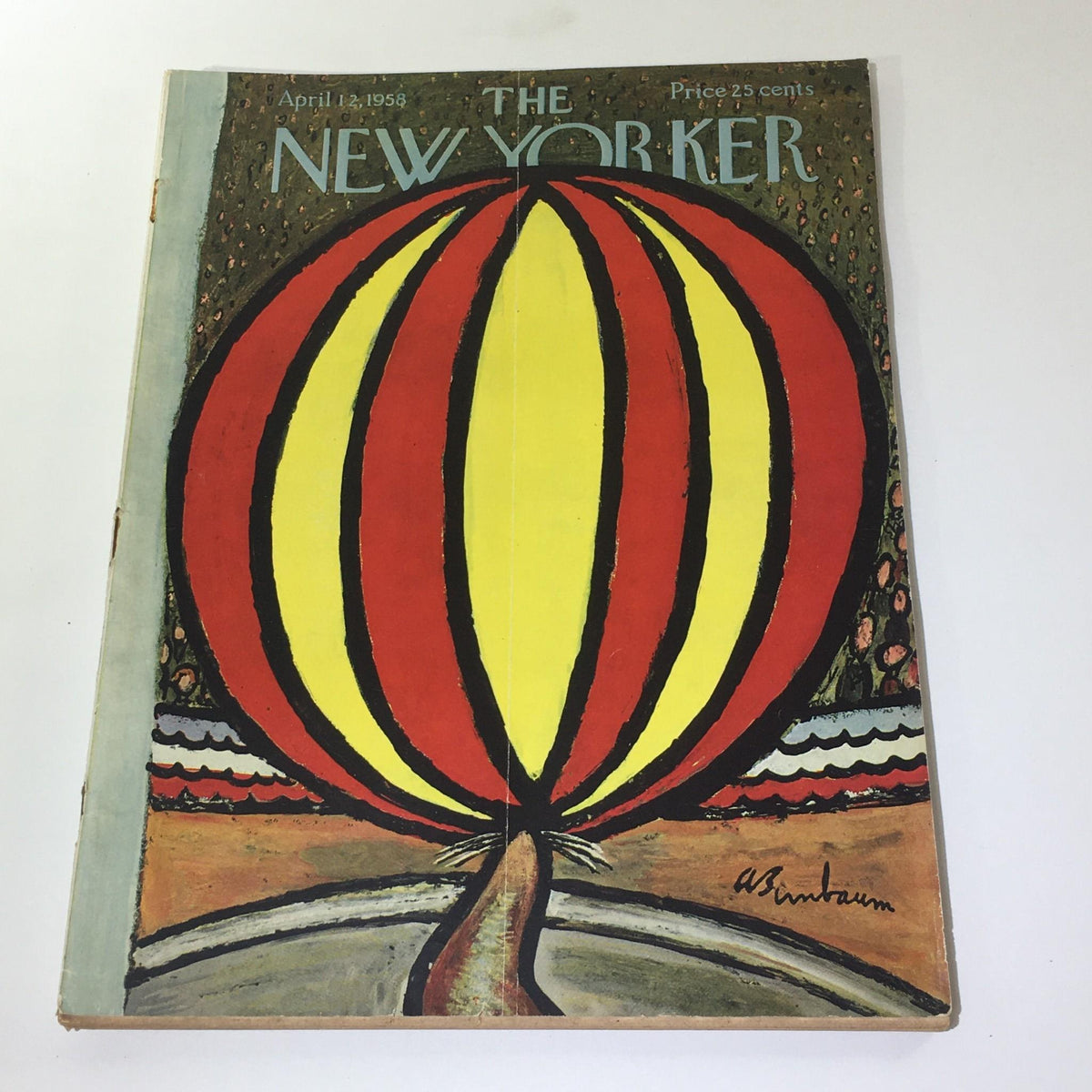 Cover of The New Yorker, April 12, 1958, featuring a vibrant illustration by Abe Birnbaum with a colorful hot air balloon design.