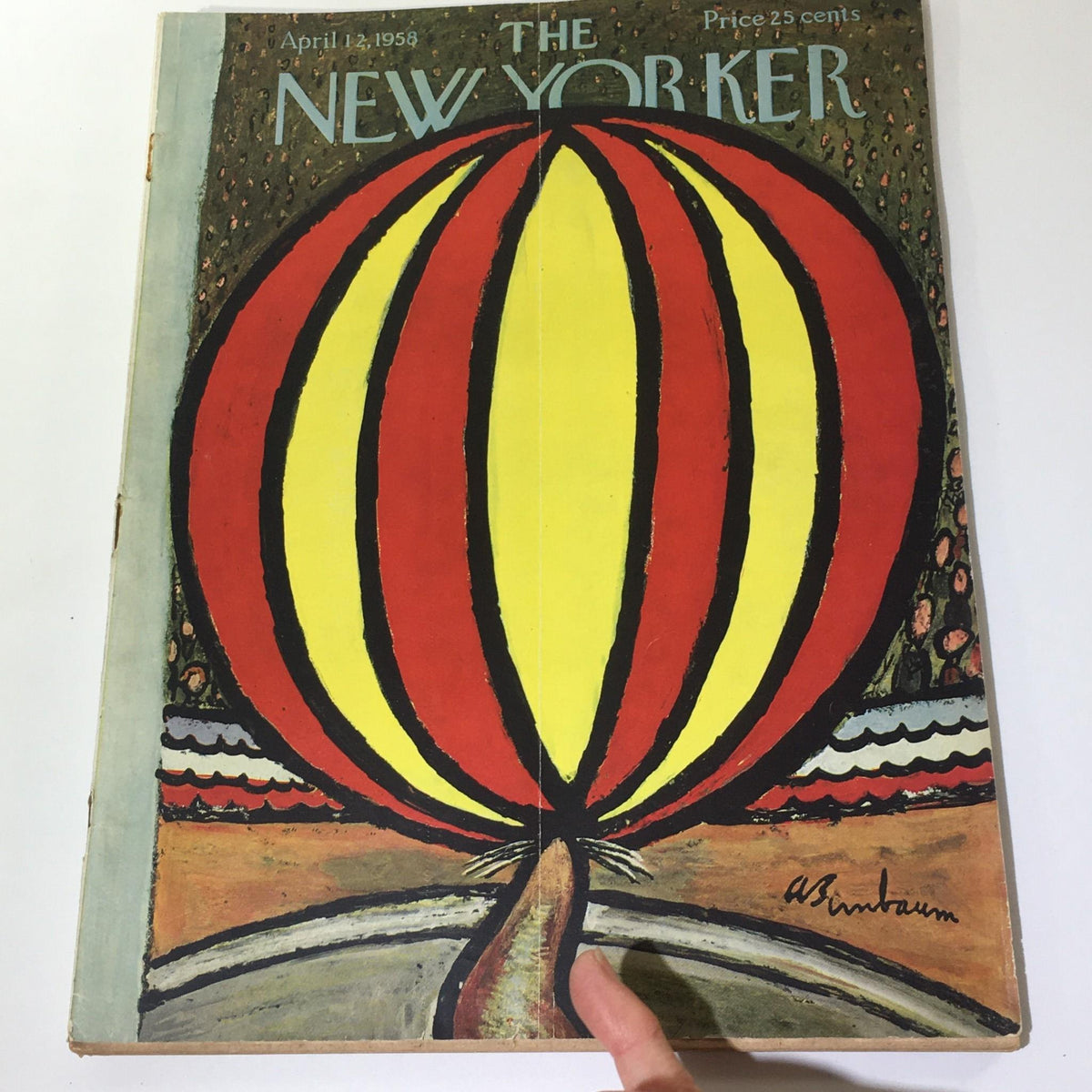 Cover of The New Yorker, April 12, 1958, featuring a vibrant hot air balloon design in red and yellow by artist Abe Birnbaum.