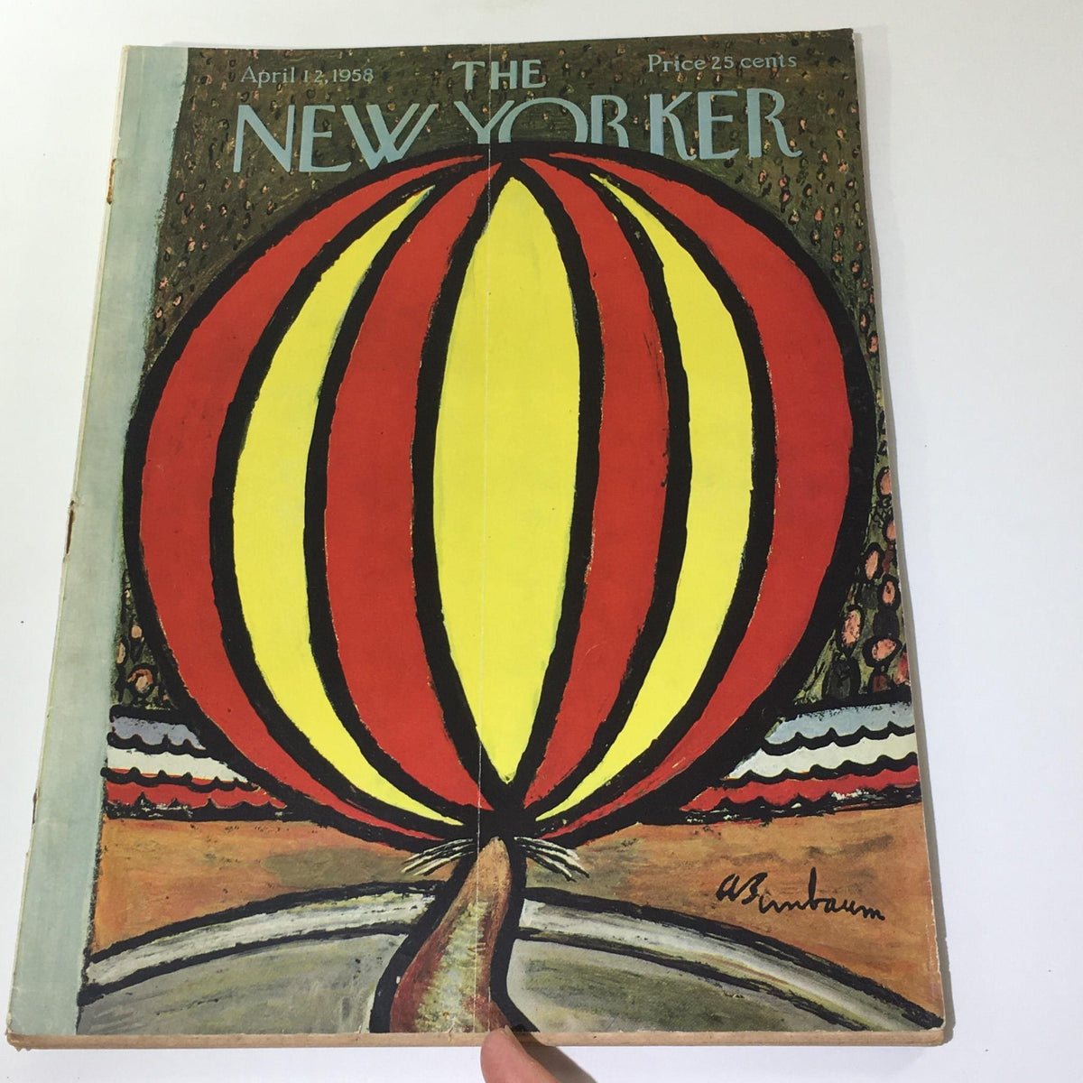 Front cover of The New Yorker, April 12, 1958, showcasing an artistic hot air balloon illustration in striking red and yellow hues, designed by Abe Birnbaum.