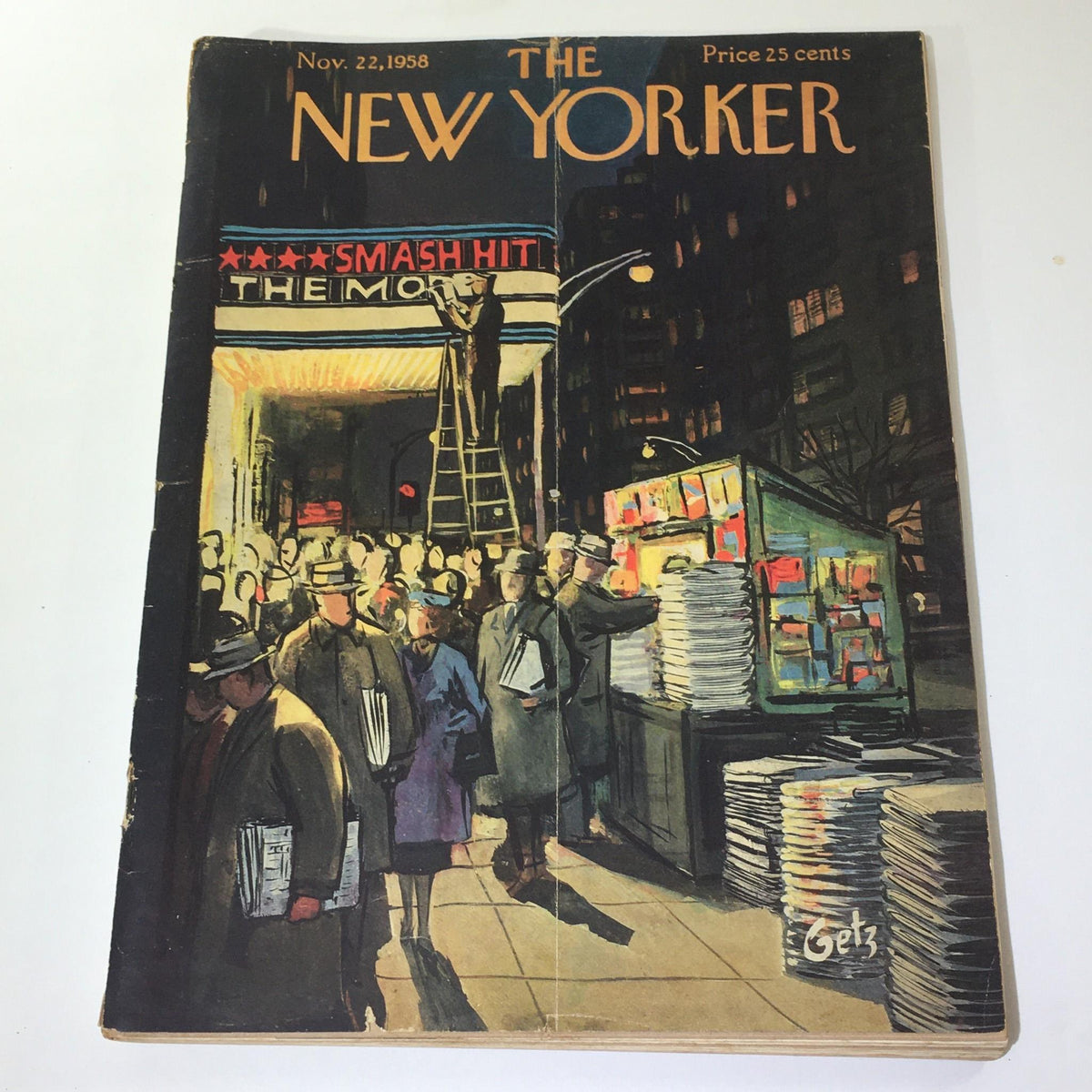 The New Yorker: November 22 1958 Full Magazine Cover by Arthur Getz featuring a lively street scene with people gathered around a newsstand and a theater marquee.
