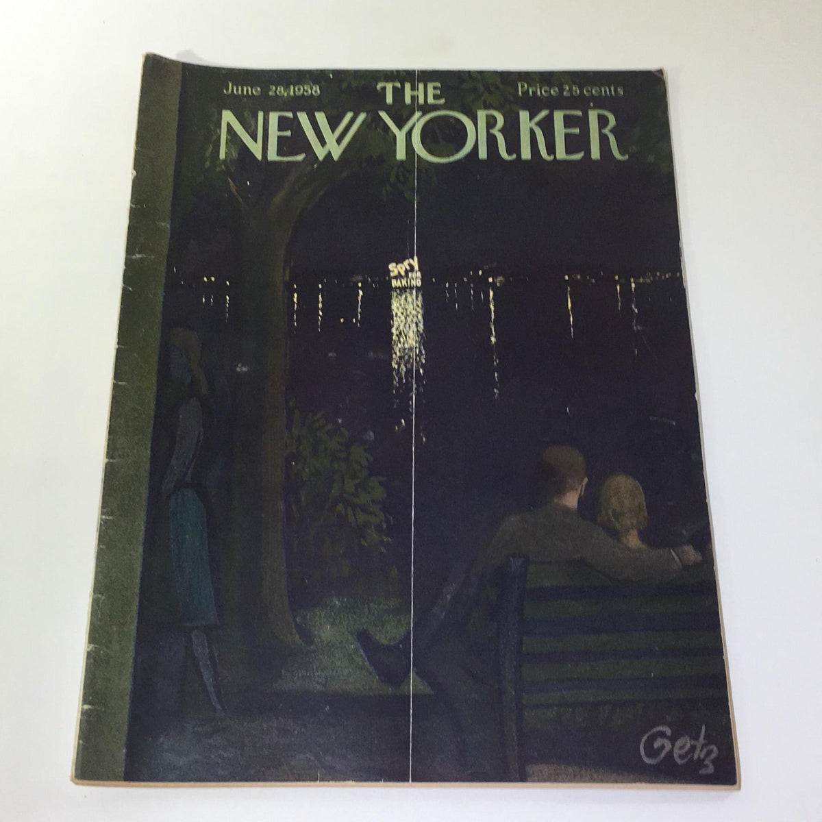 Cover of The New Yorker magazine dated June 28, 1958, illustrated by Arthur Getz, featuring a couple sitting on a park bench by a serene water view, showcasing mid-century artistic style.