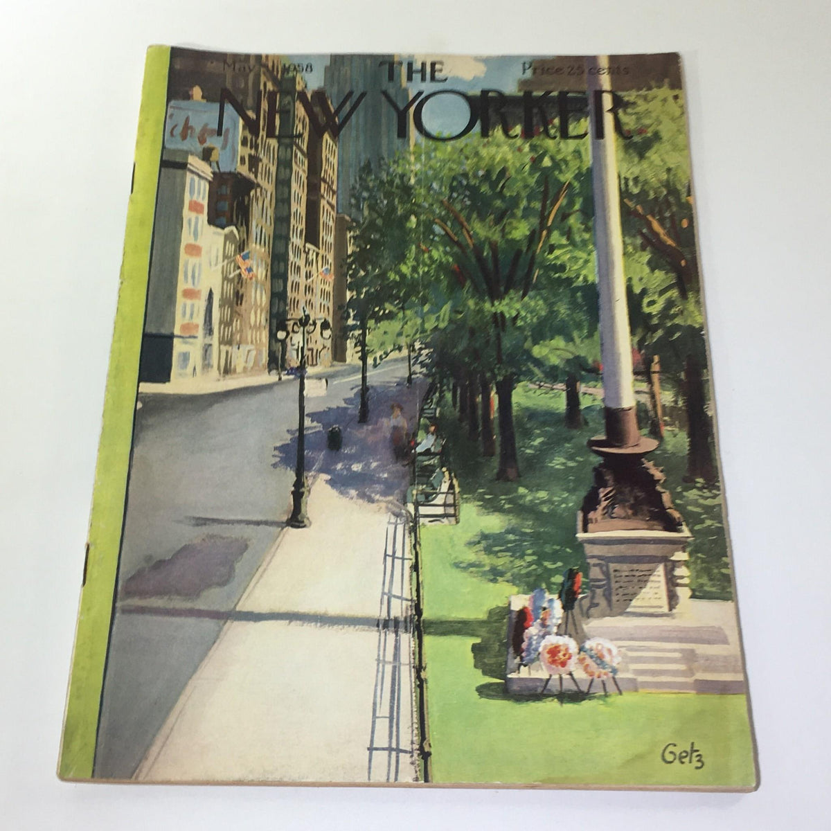 Cover of The New Yorker magazine dated May 10, 1958 featuring a colorful illustration by Arthur Getz depicting a park scene in mid-20th century America.