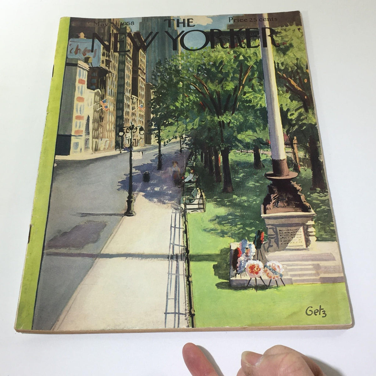 Another angle of The New Yorker magazine cover from May 10, 1958 showcasing Arthur Getz's artistic representation of a bustling park scene.