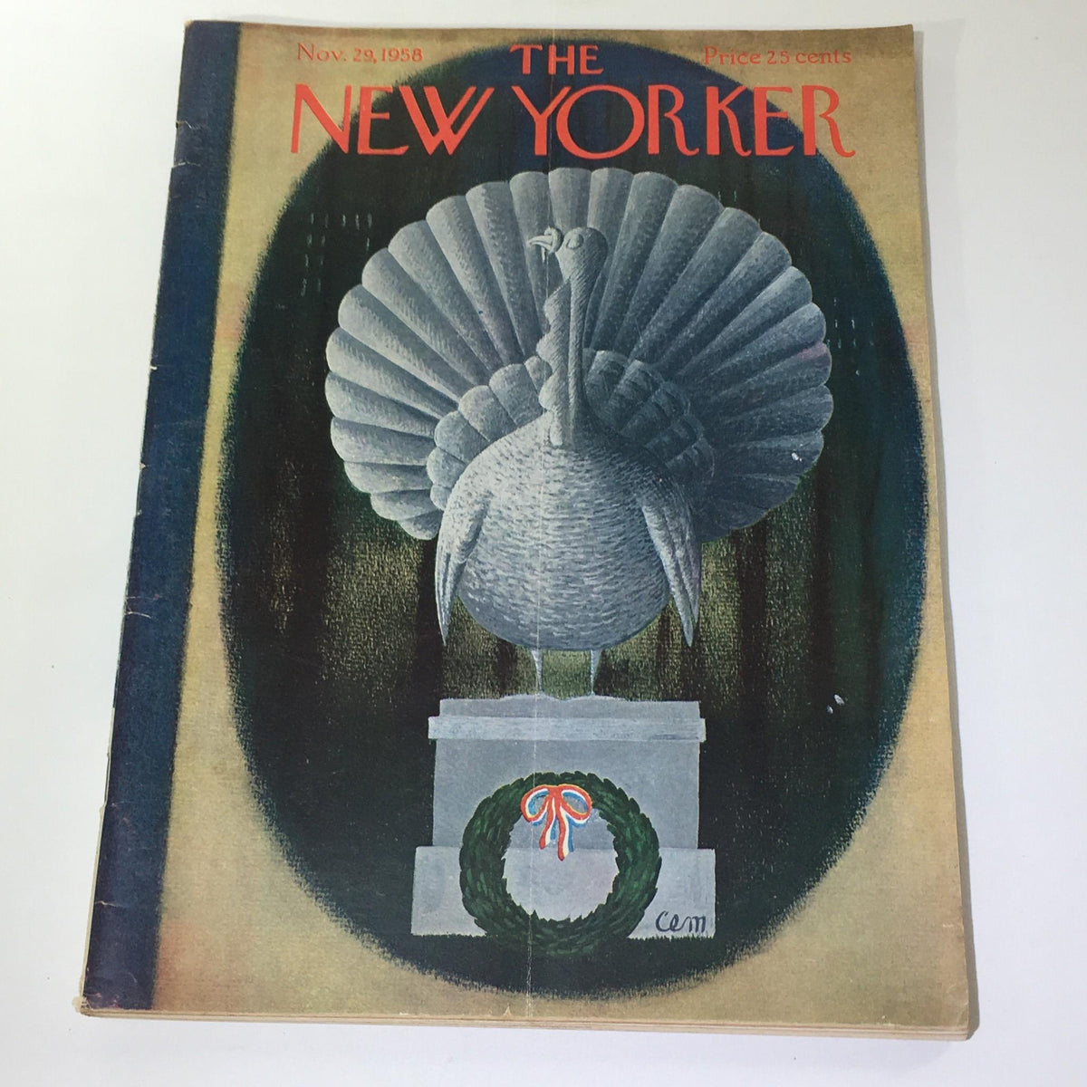 The New Yorker: November 29 1958 Full Magazine cover featuring a stylized illustration of a turkey statue on a pedestal, surrounded by a wreath, reflecting a Thanksgiving theme, designed by Charles E. Martin.