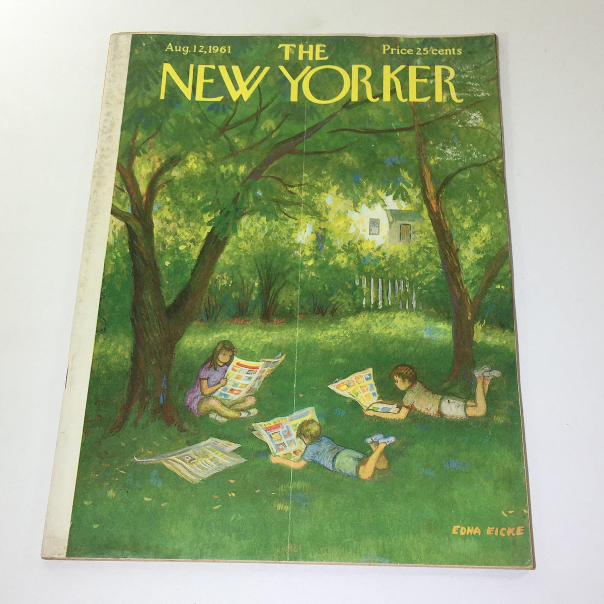 Cover of The New Yorker: August 12, 1961 featuring a vibrant illustration by Edna Eicke, depicting children reading in a sunlit garden.