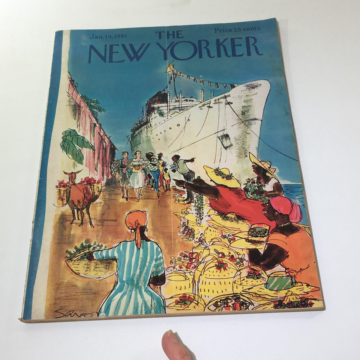 The New Yorker magazine cover from January 14, 1961, illustrated by Charles Saxon, showcasing a lively marketplace by the sea with various figures and a large ship.