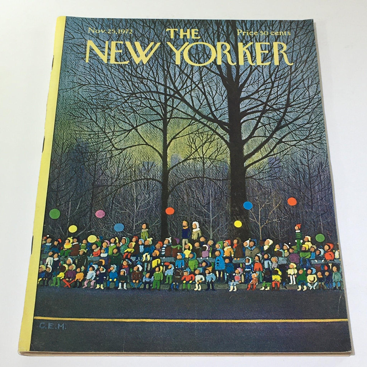 Cover of The New Yorker: November 25, 1972, featuring a colorful crowd scene beneath bare trees, illustrated by Charles E. Martin.