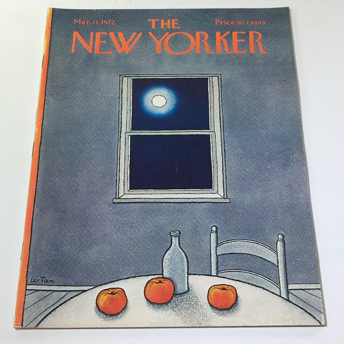 Cover of The New Yorker: March 11, 1972 featuring artwork by Pierre Le-Tan, depicting a still life with apples, a bottle, and a window showing a moonlit night.
