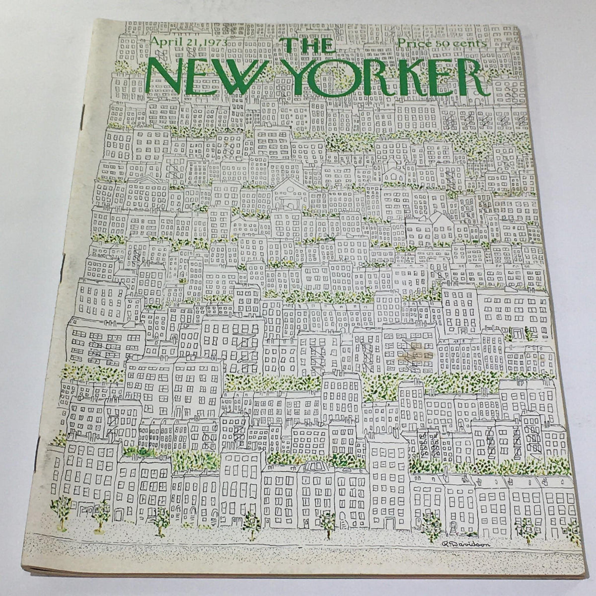The New Yorker April 21, 1973 Full Magazine featuring intricate cover art by Raymond Davidson, showcasing a densely illustrated cityscape with buildings and greenery.