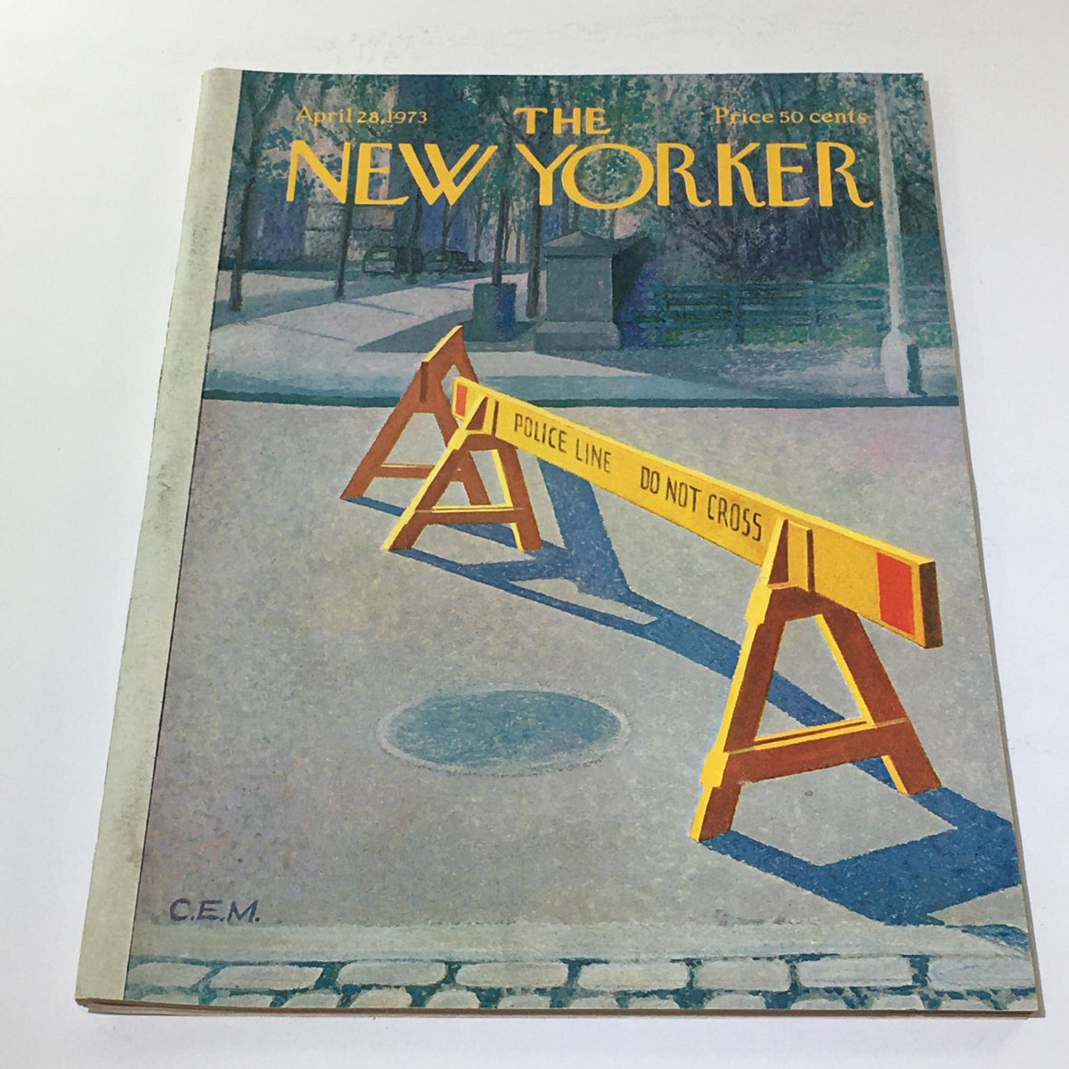 Cover of The New Yorker: April 28, 1973 featuring a police barrier with the caption 'DO NOT CROSS' alongside vibrant artwork by Charles E. Martin.