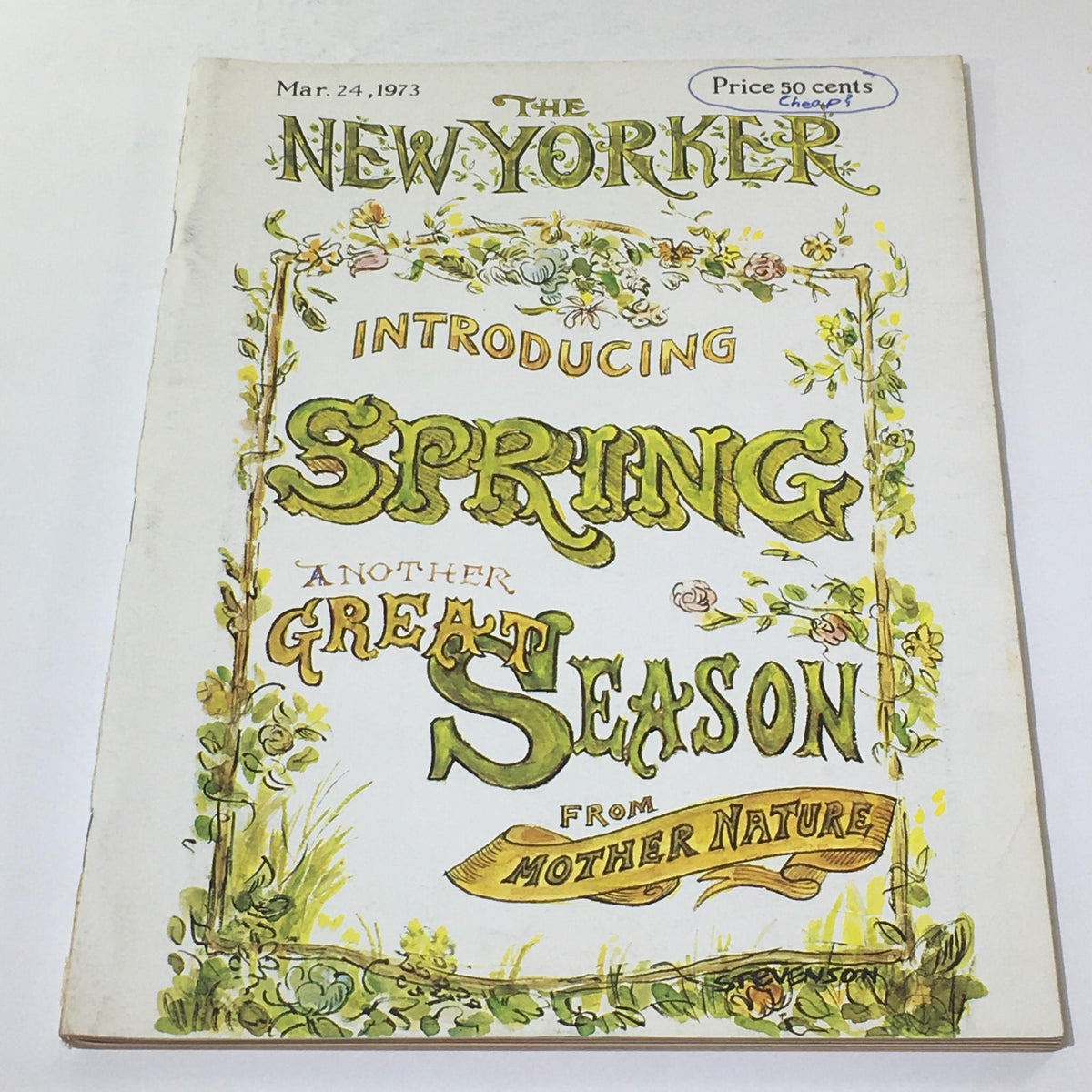 Cover of The New Yorker magazine from March 24, 1973, featuring vibrant artwork by James Stevenson and the theme 'Introducing Spring: Another Great Season from Mother Nature'.
